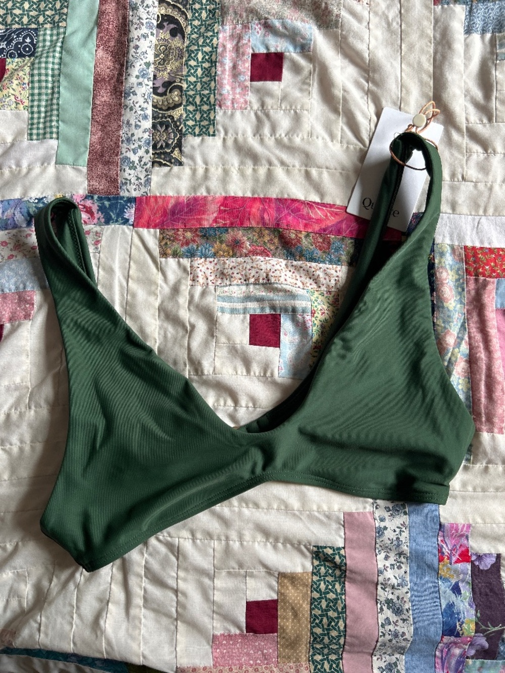 Quince Forest Green Recycled Poly V-Neck Bikini Top ATG001 small